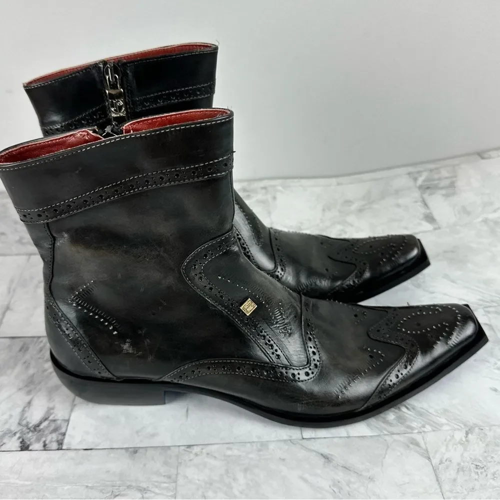 Black Leather Wingtip Ankle Boots with Side Zip